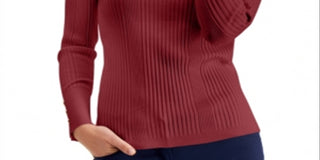 JM Collection Suéter feminino canelado gola alta vermelho tamanho médio