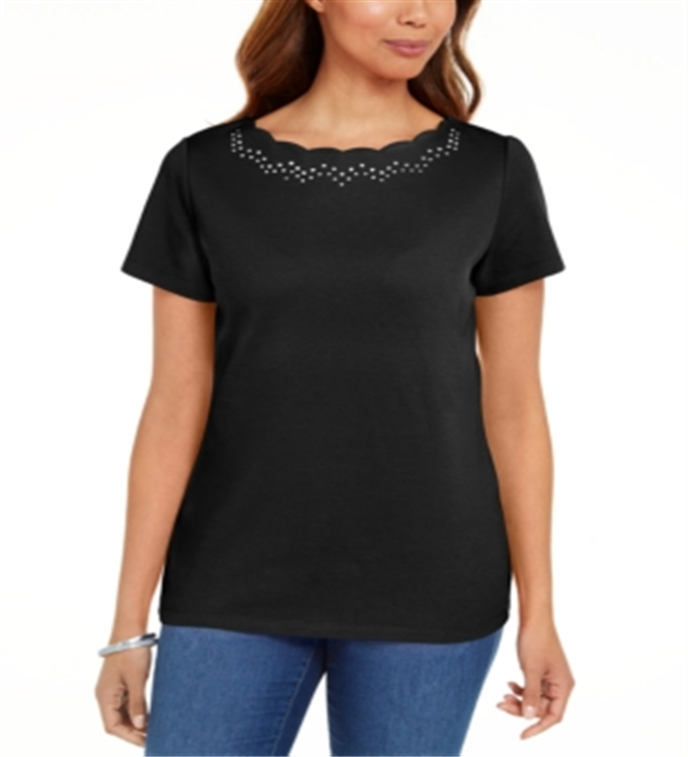 Camiseta feminina Karen Scott de algodão com gola recortada, preta, tamanho GG