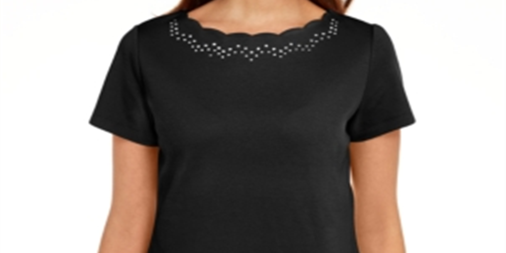 Camiseta feminina Karen Scott de algodão com gola recortada, preta, tamanho GG
