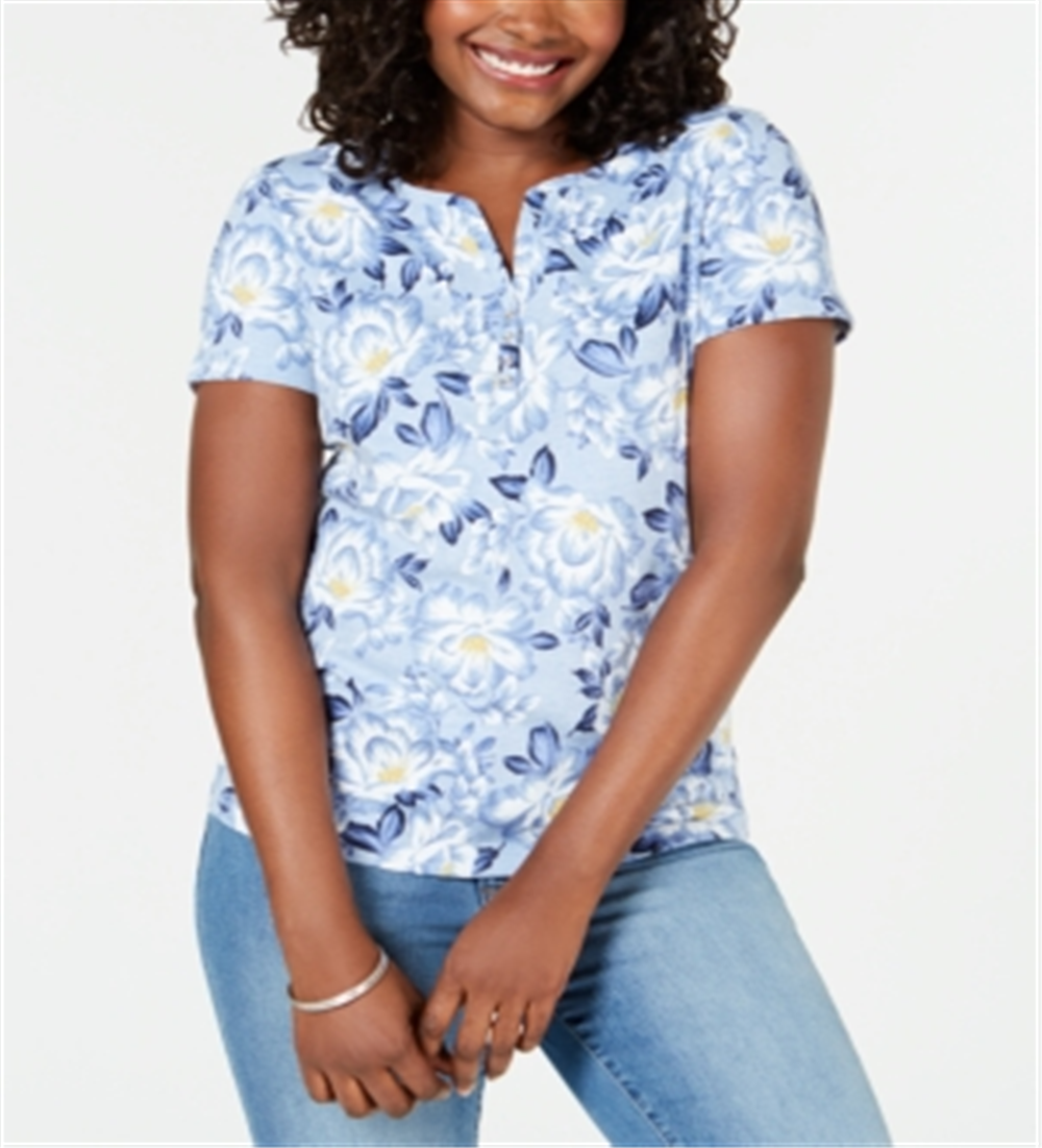 Karen Scott Camiseta Henley Feminina Estampada Manga Curta Azul Tamanho Médio