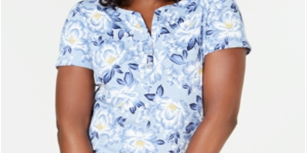 Karen Scott Camiseta Henley Feminina Estampada Manga Curta Azul Tamanho Médio