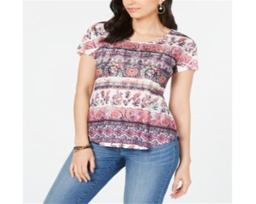 Camiseta feminina estampada manga curta estilo &amp; co rosa tamanho pequeno