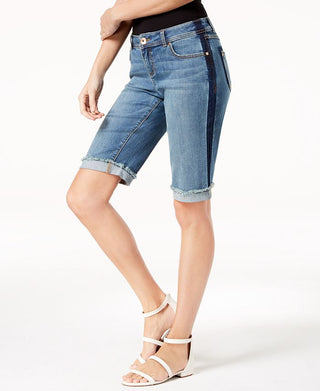 INC International Concepts Women's Contrast Trim Cuffed Denim Shorts Blue Size 12 Petite