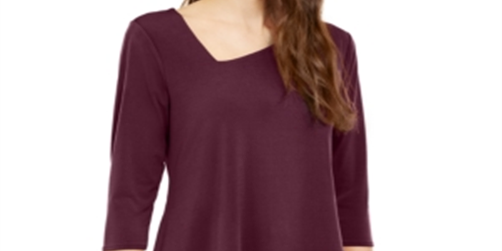 Blusa feminina Alfani com bainha assimétrica e manga 3/4, decote em V, vermelha, tamanho pequeno