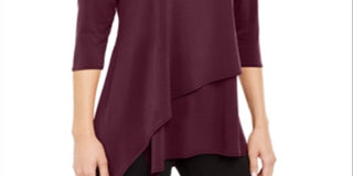 Blusa feminina Alfani com bainha assimétrica e manga 3/4, decote em V, vermelha, tamanho pequeno