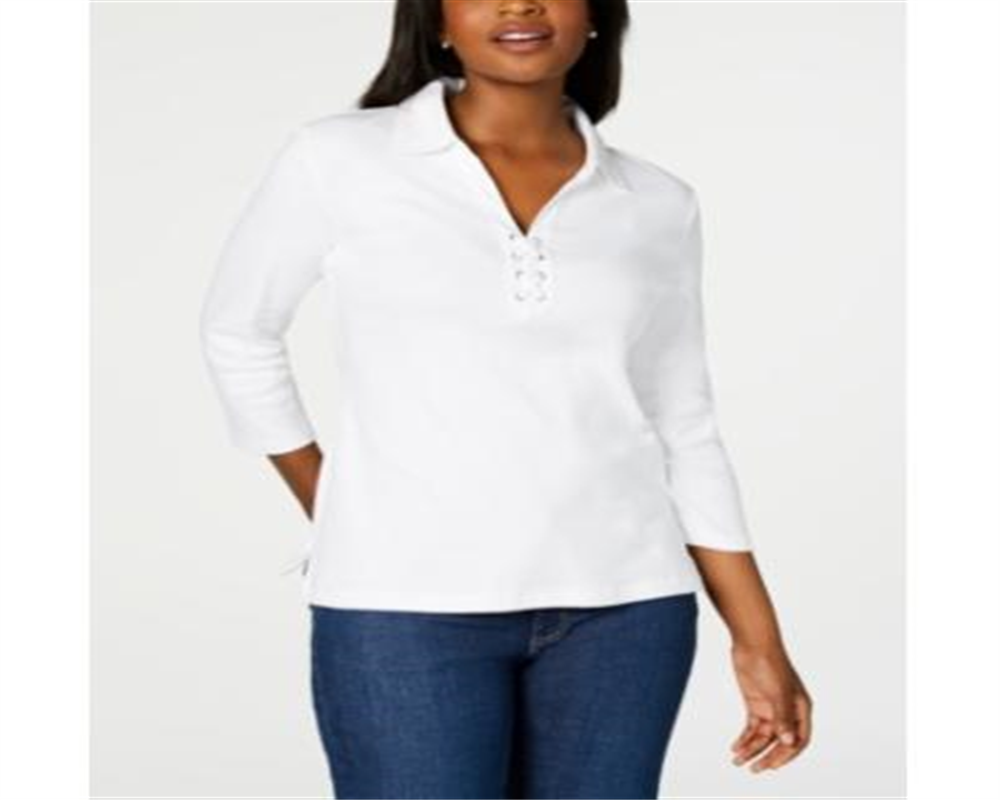 Camisa feminina Karen Scott de algodão com cadarço, branca, tamanho X-S