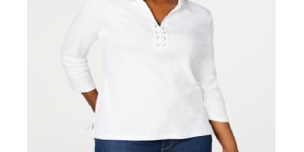 Camisa feminina Karen Scott de algodão com cadarço, branca, tamanho X-S