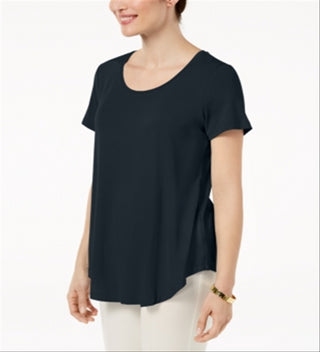 Camiseta feminina com decote redondo e manga curta JM Collection, azul-marinho, tamanho extragrande