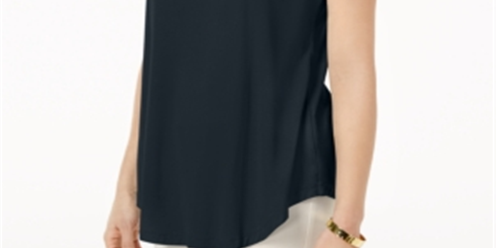 Camiseta feminina com decote redondo e manga curta JM Collection, azul-marinho, tamanho extragrande