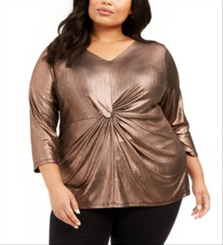 Top Alfani Feminino Plus Metallic Twist Front Preto-Dourado Tamanho 4XL
