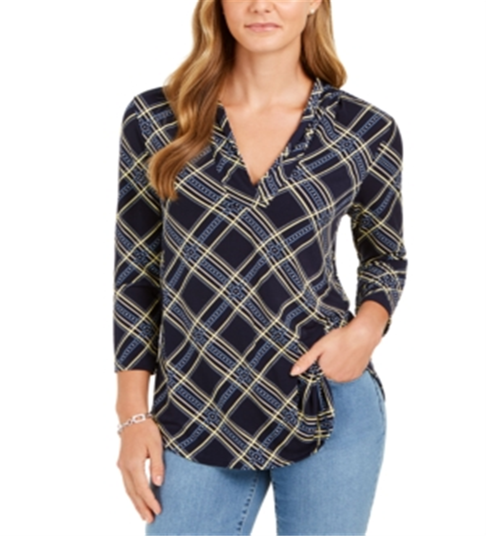 Top feminino estampado com decote em V Charter Club, azul, tamanho pequeno