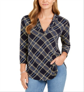 Top feminino estampado com decote em V Charter Club, azul, tamanho pequeno