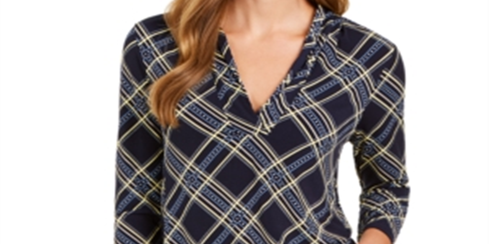Top feminino estampado com decote em V Charter Club, azul, tamanho pequeno