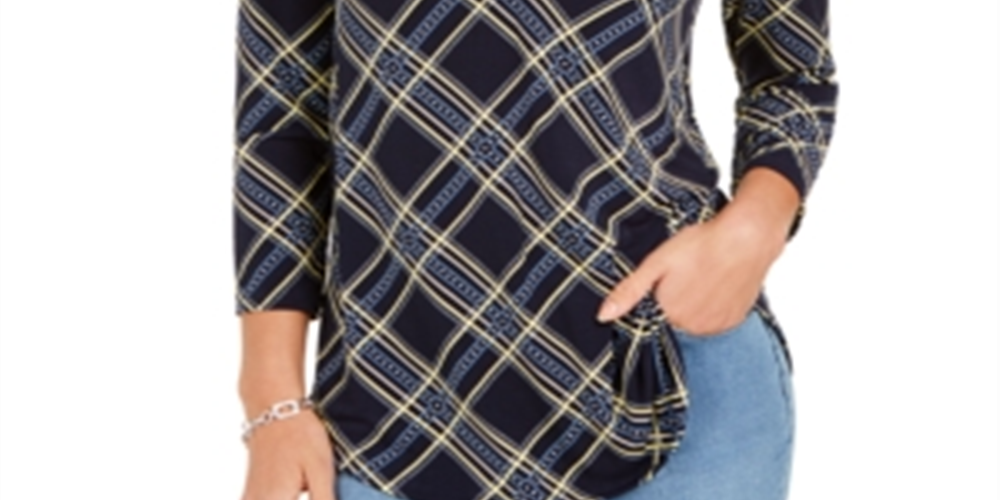 Top feminino estampado com decote em V Charter Club, azul, tamanho pequeno