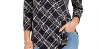 Top feminino estampado com decote em V Charter Club, azul, tamanho pequeno