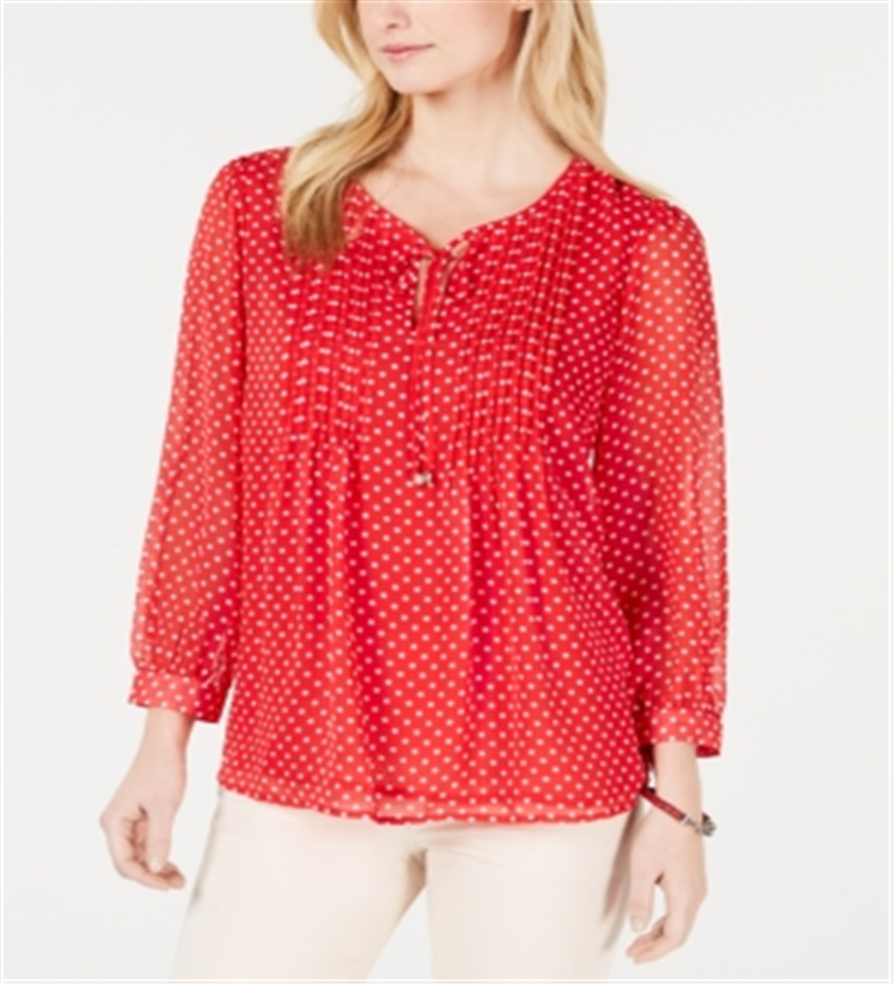 Tommy Hilfiger Feminino Manga Longa Bayview Dot Pintuck Top Vermelho Tamanho P