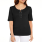 Karen Scott Top Feminino de Algodão com Cadarço e Manga Cotovelo Preto Tamanho X-S