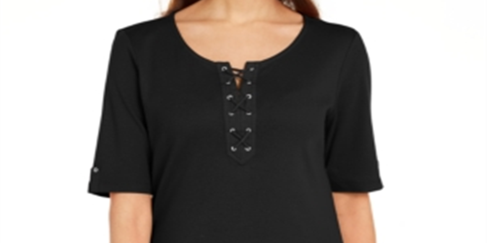 Karen Scott Top Feminino de Algodão com Cadarço e Manga Cotovelo Preto Tamanho X-S
