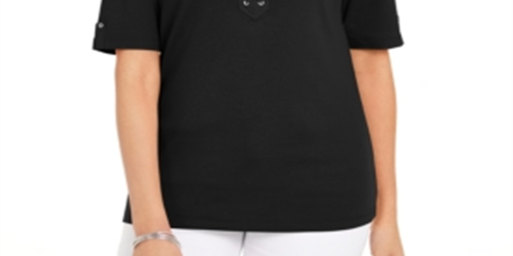 Karen Scott Top Feminino de Algodão com Cadarço e Manga Cotovelo Preto Tamanho X-S