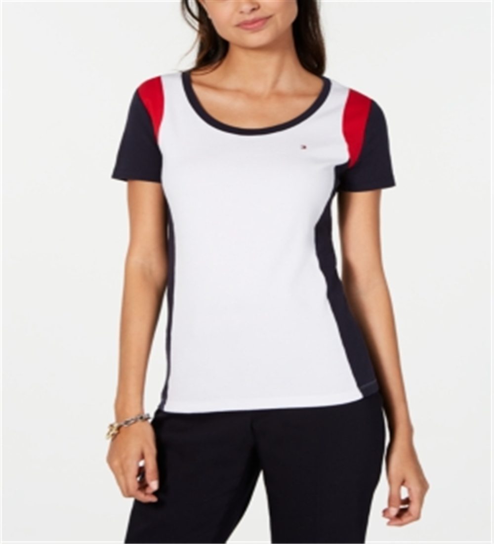 Camiseta Tommy Hilfiger Feminina de Algodão Colorblocked Branca Tamanho Médio