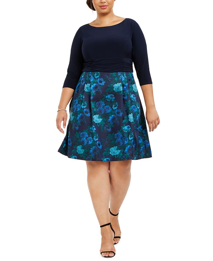 Vestido feminino Jessica Howard com estampa floral, manga 3/4, decote em joia, comprimento até o joelho, azul, tamanho 16W