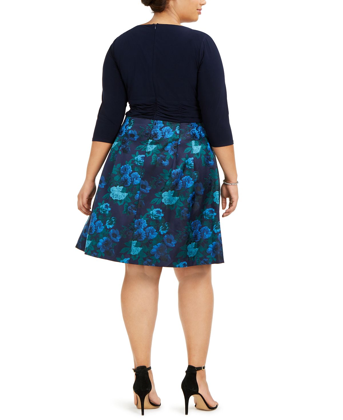 Vestido feminino Jessica Howard com estampa floral, manga 3/4, decote em joia, comprimento até o joelho, azul, tamanho 16W