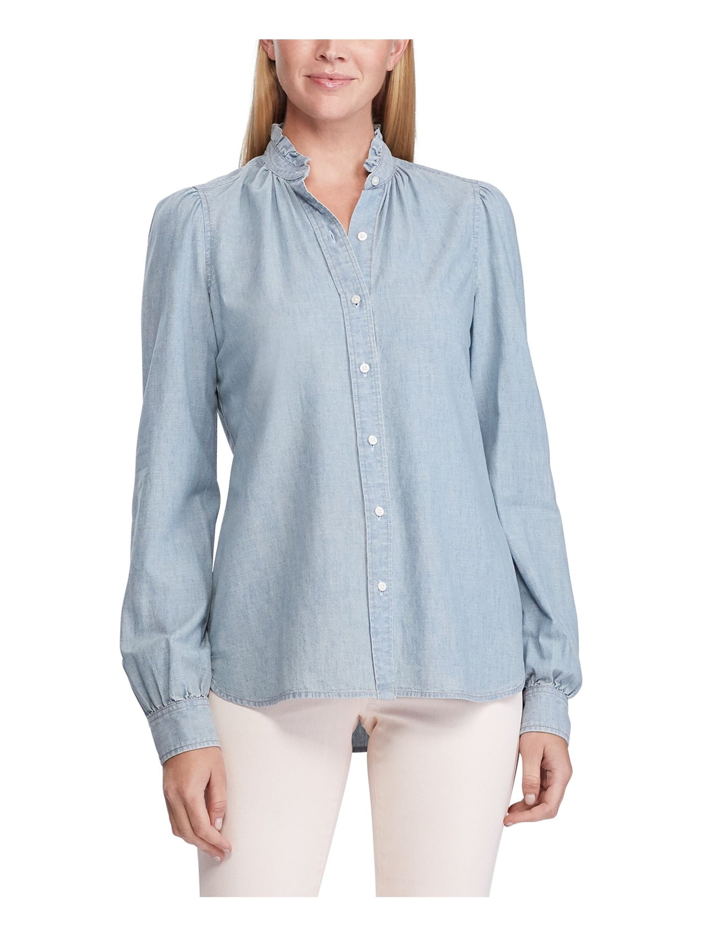 Ralph Lauren 89 Blusa casual feminina com decote em V e botões, tamanho grande, azul