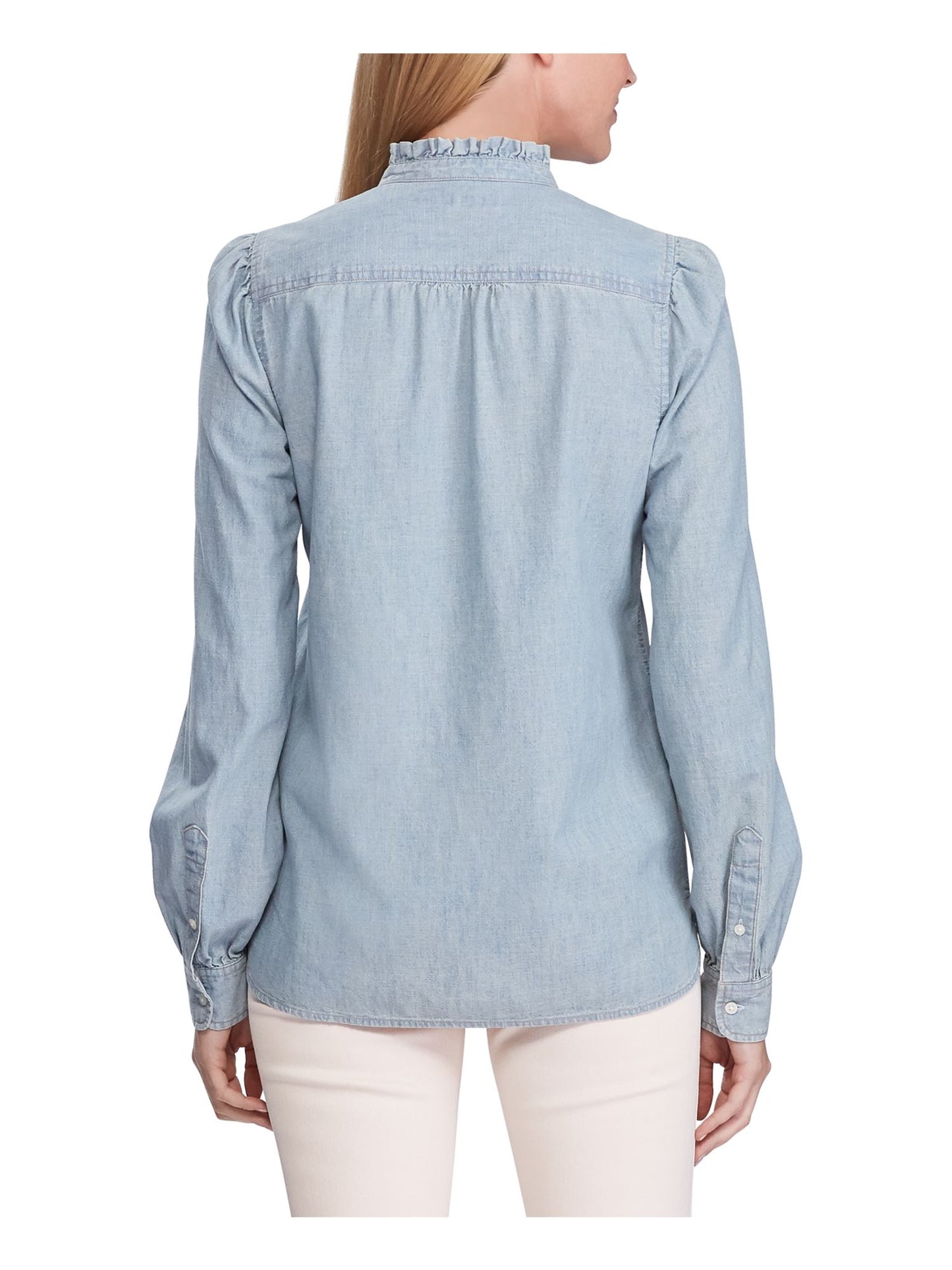 Ralph Lauren 89 Blusa casual feminina com decote em V e botões, tamanho grande, azul