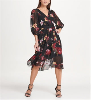 DKNY Women's Balloon Sleeve Chiffon MIDI Dress Gray Size 6