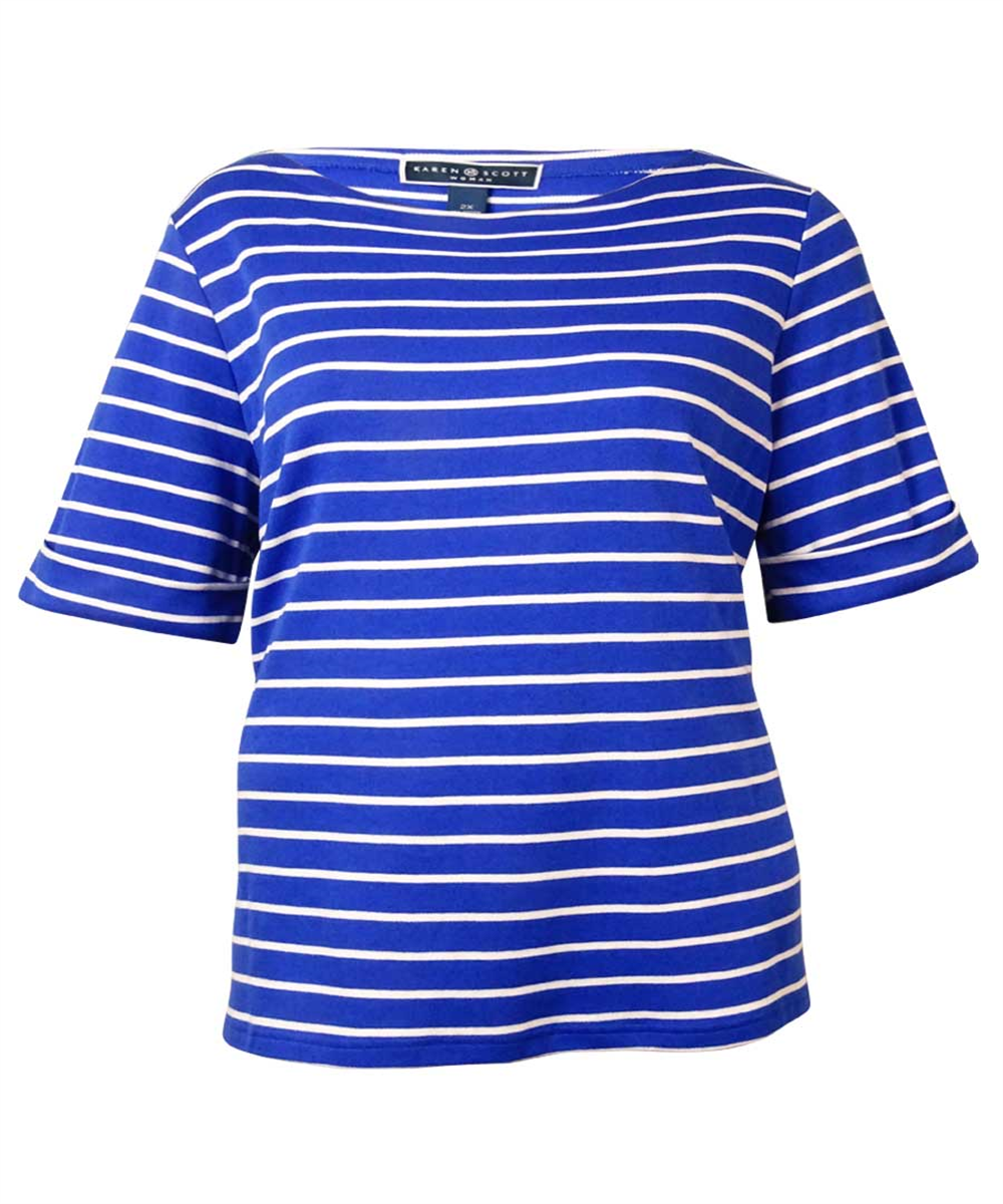Karen Scott Blusa feminina listrada com decote canoa e malha marrom, tamanho 10M