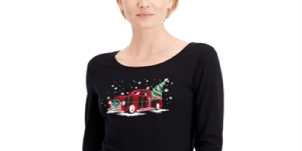 Karen Scott Blusa de algodão xadrez feminina, tamanho médio, preta