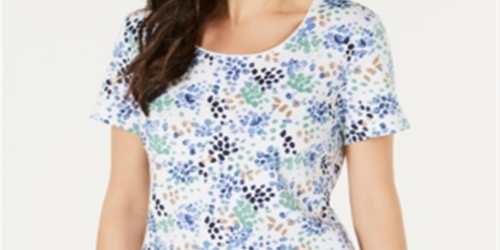 Camiseta feminina Karen Scott com decote redondo e bolinhas, tamanho médio, azul