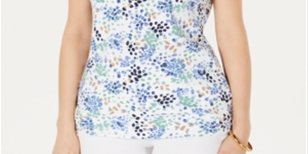 Camiseta feminina Karen Scott com decote redondo e bolinhas, tamanho médio, azul