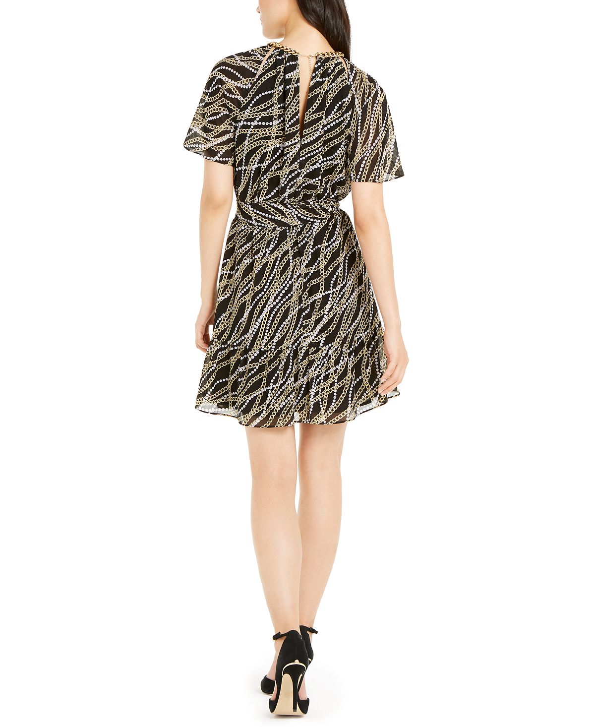 Vestido de coquetel curto Michael Kors feminino, manga curta, gola redonda, preto, tamanho médio