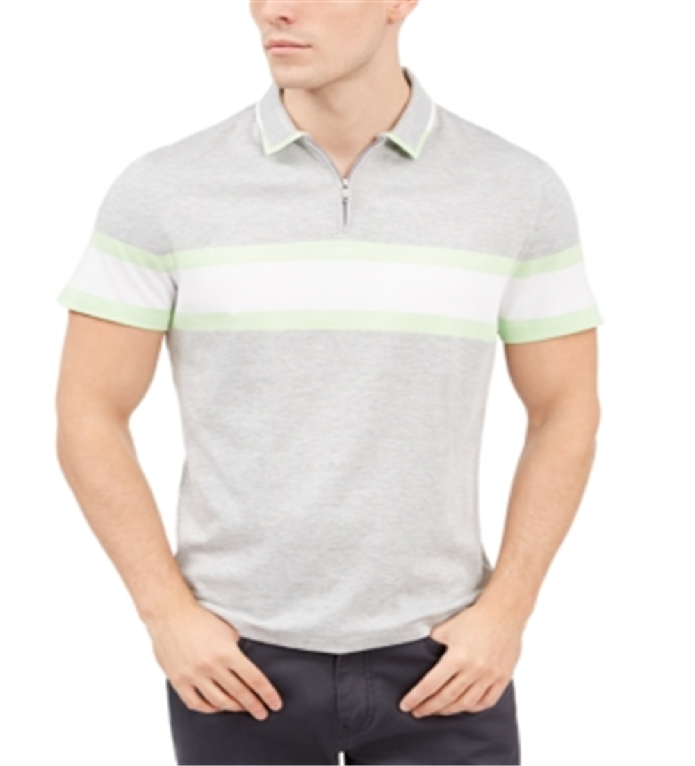 Camisa polo masculina Alfani Regular Fit com listras e zíper de um quarto, cinza, tamanho XXX-G