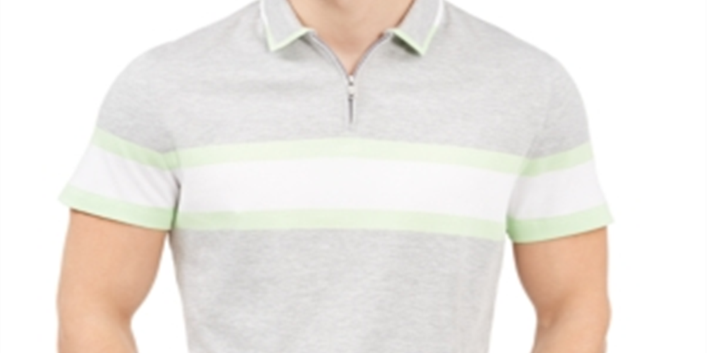 Camisa polo masculina Alfani Regular Fit com listras e zíper de um quarto, cinza, tamanho XXX-G