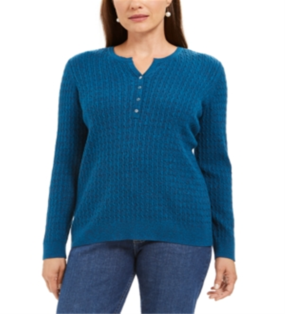 Suéter Henley de tricô trançado feminino Karen Scott, azul, tamanho X-S