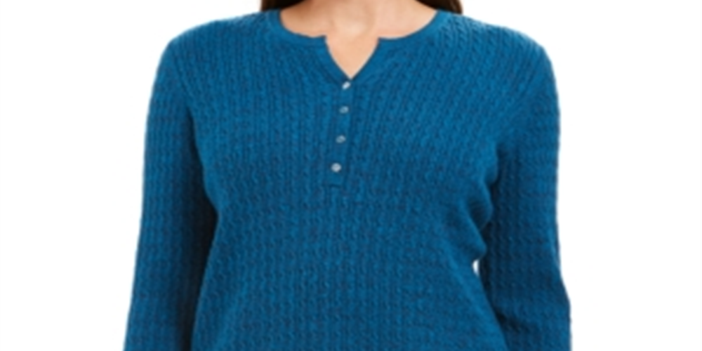 Suéter Henley de tricô trançado feminino Karen Scott, azul, tamanho X-S