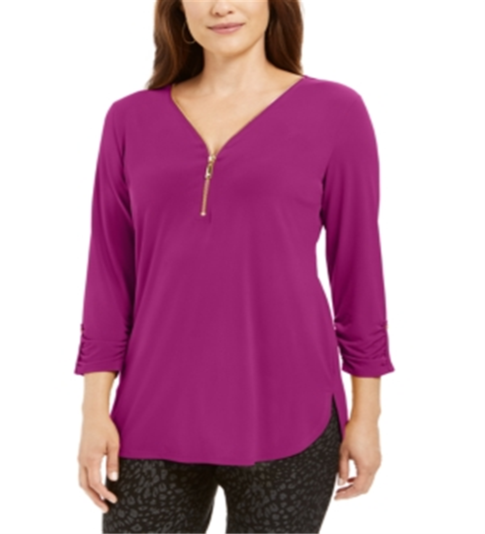 Blusa feminina com zíper e manga 3/4, rosa, tamanho extragrande, da coleção JM