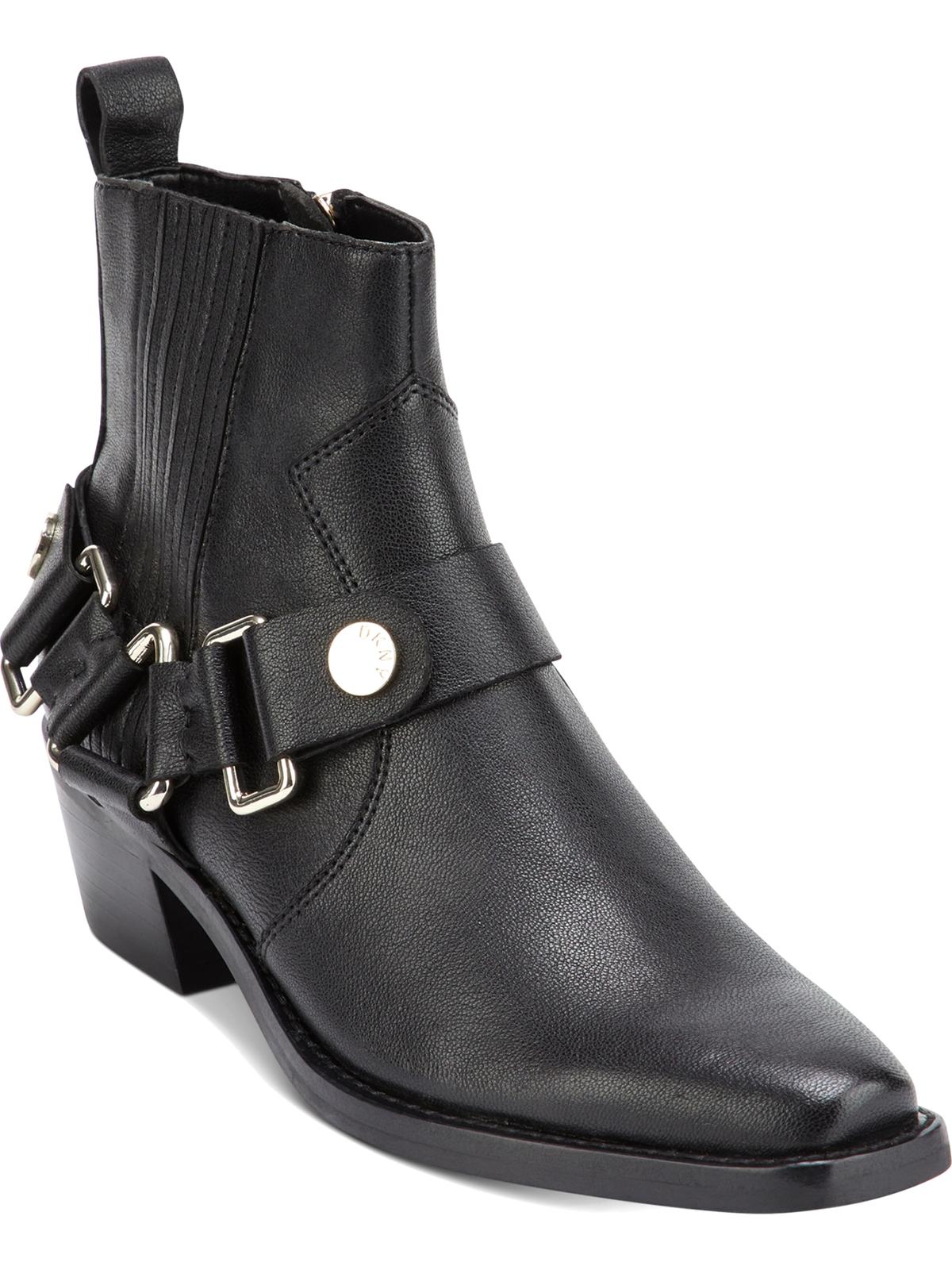 Botas femininas DKNY Mina acolchoadas, bico quadrado, salto bloco, zíper, couro, pretas, tamanho 8,5 M
