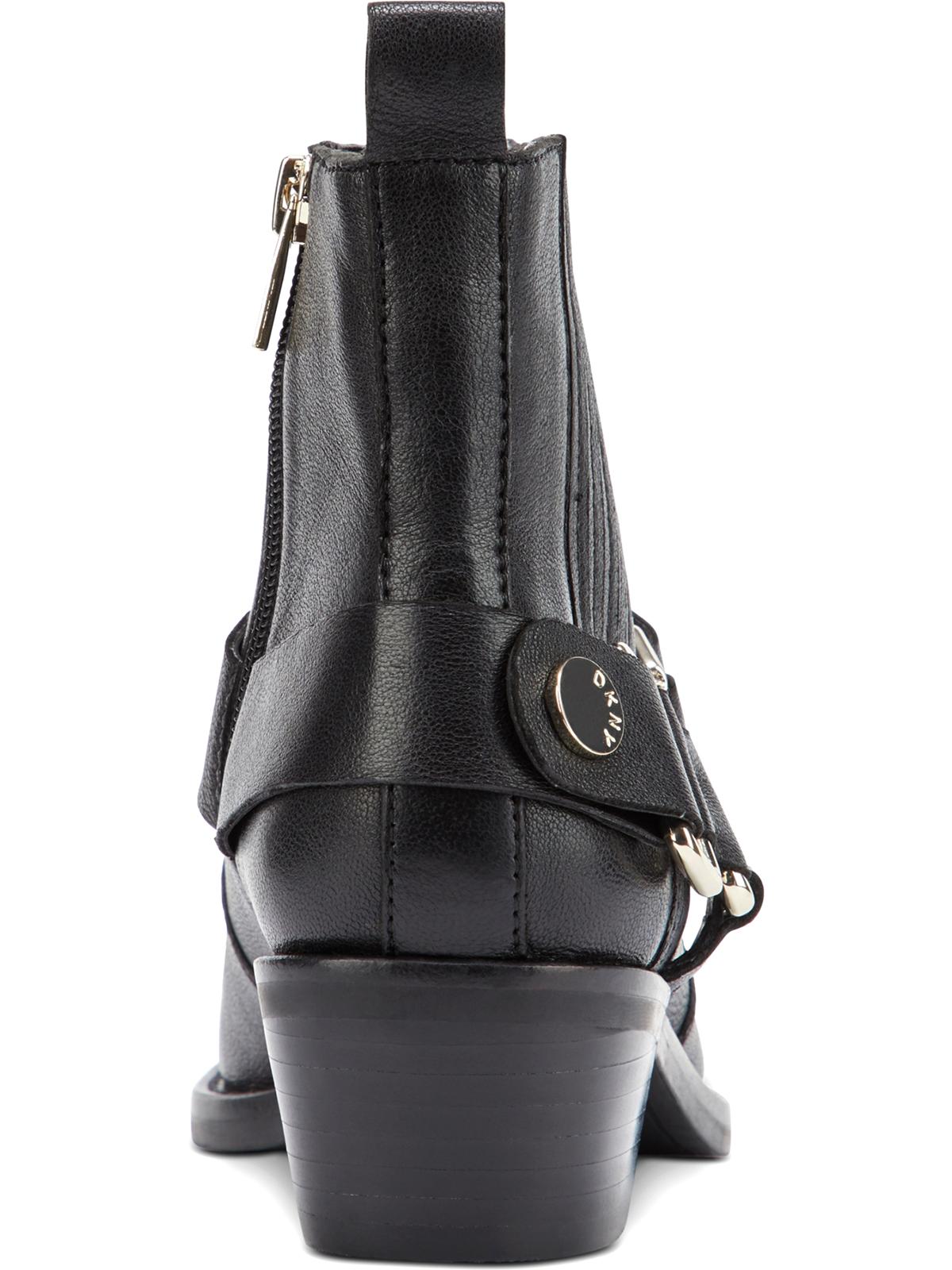 Botas femininas DKNY Mina acolchoadas, bico quadrado, salto bloco, zíper, couro, pretas, tamanho 8,5 M