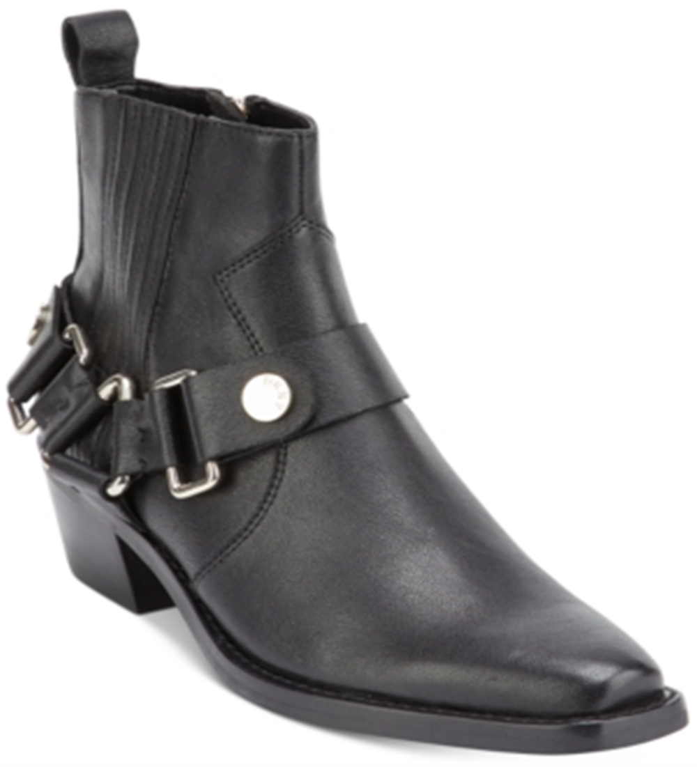 Botas femininas DKNY Mina acolchoadas, bico quadrado, salto bloco, zíper, couro, pretas, tamanho 8,5 M