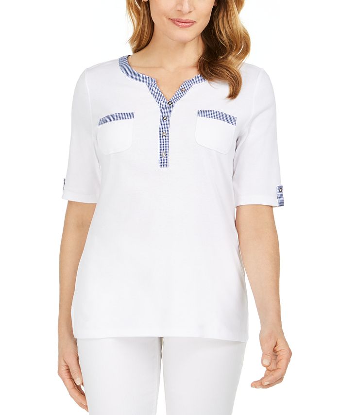 Karen Scott Top Henley Feminino com Acabamento Vichy Branco Tamanho X-S