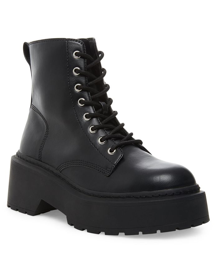 Steve Madden Botas de Combate Femininas de Couro Sintético com Sola de Argola Slasher, Pretas, Tamanho 8 M