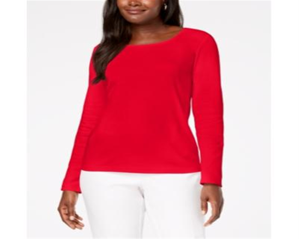 Karen Scott Blusa de algodão com decote redondo feminina, vermelha, tamanho grande