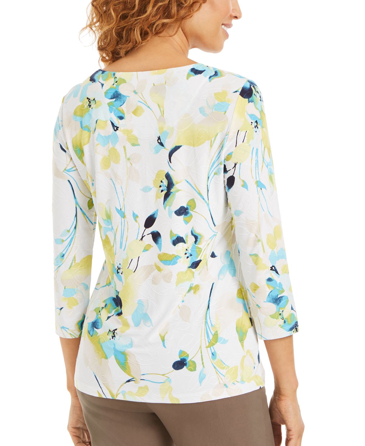 Blusa feminina estampada com manga 3/4 em jacquard, verde, tamanho pequeno, da coleção JM