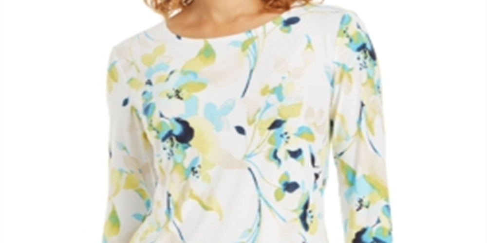 Blusa feminina estampada com manga 3/4 em jacquard, verde, tamanho pequeno, da coleção JM