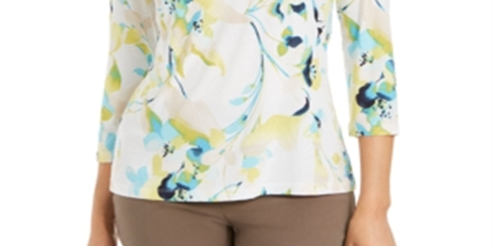 Blusa feminina estampada com manga 3/4 em jacquard, verde, tamanho pequeno, da coleção JM