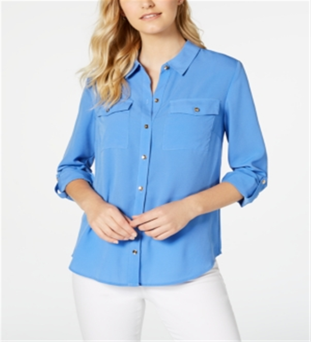 Camisa feminina Charter Club com dois bolsos, azul, tamanho extragrande