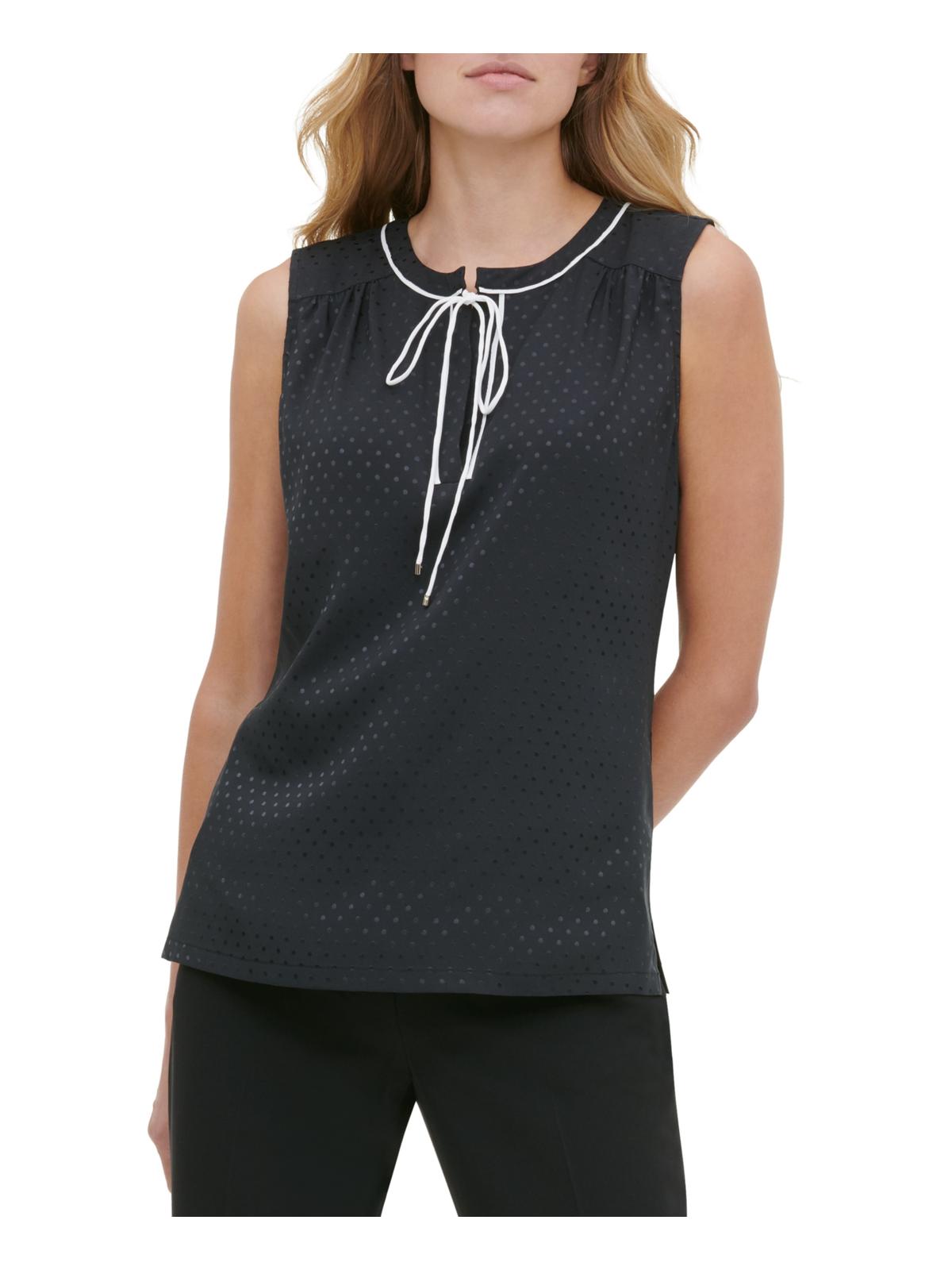 Blusa Tommy Hilfiger Feminina Sem Mangas Estampada com Bolinhas e Gola Amarrada, Preta, Tamanho X-G